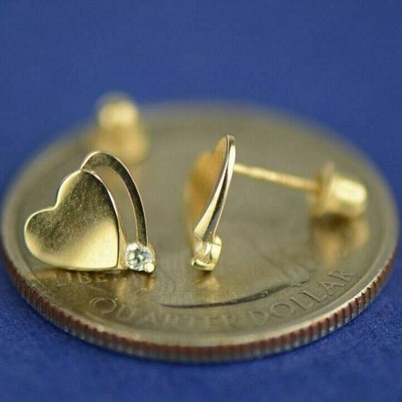 Real 14K Solid Gold Heart Shape Stud Screw Back Earrings w/ Sparkly White Stone - Picture 4 of 4